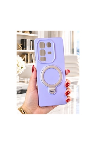 İnfinix Hot 50 Pro İle Uyumlu 360 Derece Dönebilen Kalın Metal Magsafe Halka Stantlı İçi Kadife Korumalı Ultra Lüx Premium Silikon Kılıf Lila
