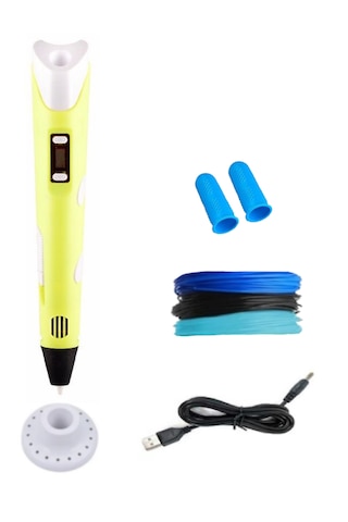 Sarı 3D Kalem 3D Pen Yazıcı Kalem – 3 Adet 3 Metrelik PLA Filament (Toplam 9M) + USB Kablo