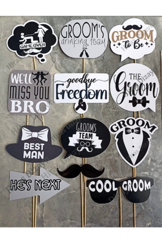 Damat Groom Konuşma Balonu Seti 12 Parça, Düğün Ve Nişan Beyaz - Siyah