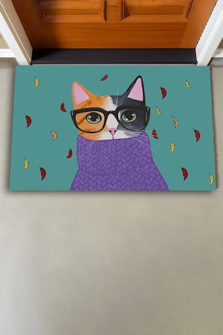 Valerine Life Aristokrat Kedi Yeşil Renkli Welcome Hoş Geldiniz Kapı Önü Paspası 45x70cm Kahverengi