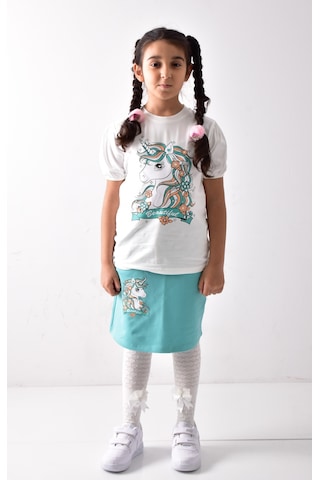 Banadamoda Kız Çocuk Beyaz - Yeşil Baskılı T-shirt-Etek Takımı Beyaz - Yeşil