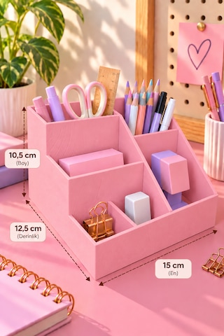 Masa Üstü Organizer Ahşap Dokulu Dekoratif Düzenleyici Açık Pembe