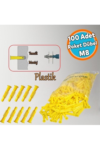 Plastik Roket Dübel M8 Mantar Kanatlı Dübeller Vida Sabitleme Bağlantı Elemanı 100 Adet