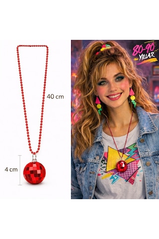 Retro Disko Topu Şekilli 80& Apos Ler 90& Apos Lar Kırmızı Renk Plastik Kolye 4801