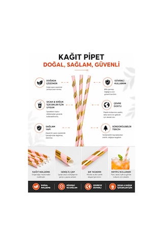 Pembe Altın Çizgili Kağıt Pipet 25 Adet Doğada Çözünebilir Tek Kullanımlık İçecek Pipeti Tüm Yaşlar