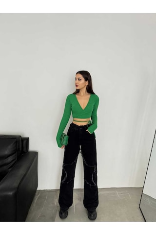 Shevega Kadın Siyah Bacak Yildizli Bol Paça Kot Jeans Pantolon Siyah