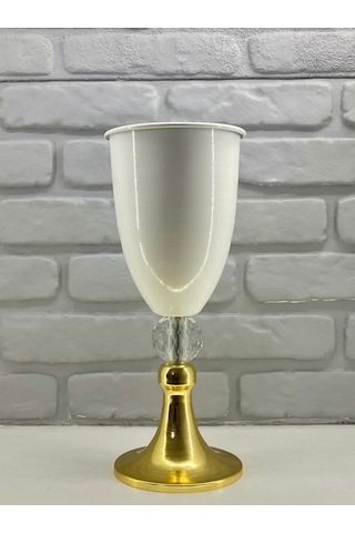 Modern Dekoratif Gold Yüksek Ayaklı Kristal Taşlı Beyaz Vazo Altın - Beyaz