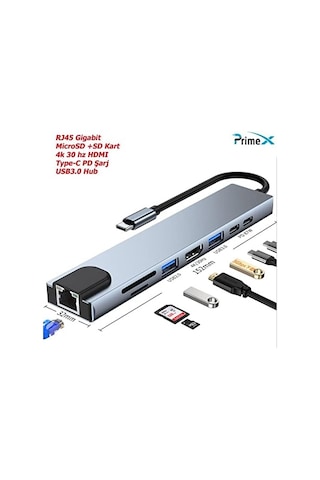 Px-u520 8 İn 1 Type-c Çoklayıcı Adaptör, 4k 30hz Hdmı Usb-c Hub, 2x Usb 3.0 Rj45 Gigabit Ethernet Sd Micro Sd Kart Okuyucu 2x Pd Şarj Portlu Gri Metal Usb-c Çevirici, Macbook Uyumlu Laptop Pc İçin