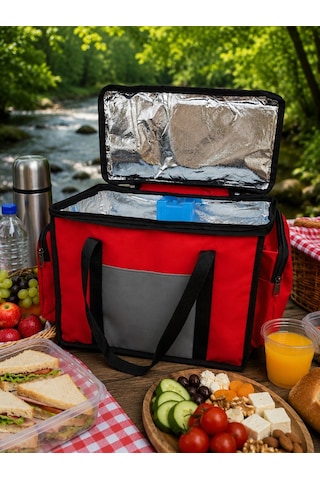 Newbag Yandan Cep Yalıtımlı Soğutucu El Askılı Kamp Çanta-krm Gri Kırmızı - Gri