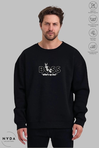 Unisex Bugs Bunny Baskılı Bisiklet Yaka Kapüşonsuz Şardonlu Oversize %100 Pamuk Penye Sweatshirt Siyah