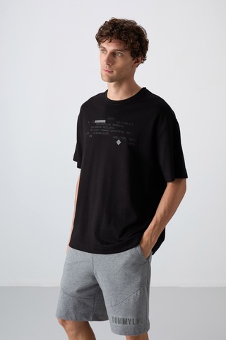 Tommy Life Siyah Pamuklu Kalın Yumuşak Dokulu Oversize Fit Baskılı Erkek T-shirt - 88326 Siyah