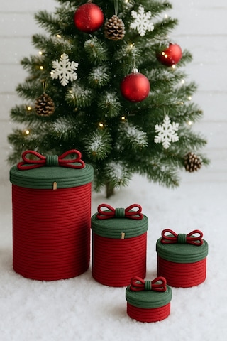 Mavaux Christmas 4 Lü Jüt Halatlı Dekoratif Hediye Sepeti Seti Kırmızı Yeşil Noel Sepeti Çok Renkli 4'lü