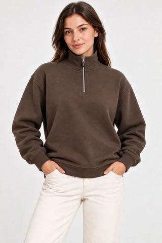 N11 Üç İplik İçi Şardonlu Dik Yaka Yarım Fermuarlı Kışlık Sweatshirt - Kahverengi