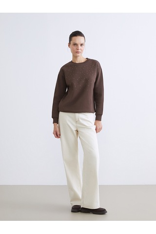 Lcw Everyday Kahverengi Taşlı Oversize Kadın Kalın Sweatshirt
