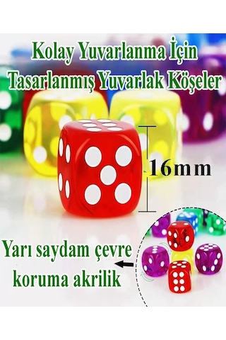 Okey Zarı 10 Adet Renkli Oyun Zarı Plastik Akrilik 16 Mm Şeffaf Zar Masa Oyunları Zarı Eğlence