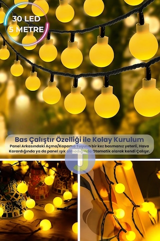 Technojet 30 Led 6m Solar Led Sarı Işık Güneş Enerjili Bahçe Teras Balkon Ağaç Lambası Aydınlatma Sarı