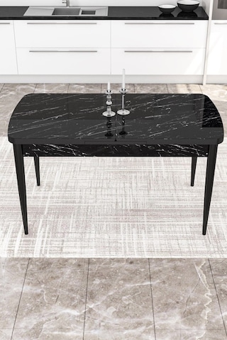 Canisa Concept Kor Serisi MDF 70x114 Açılabilir Mutfak Masası Takımı Siyah Mermer Desen Masa 6 Lacivert Sandalye Masa Siyah Mermer Desen Sandalyeler Lacivert