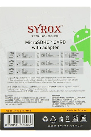 Syrox 8 GB MicroSDHC Hafıza Kartı + Adaptör
