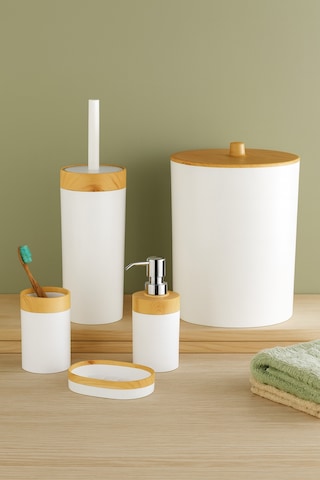 Limpia Bambu Desenli 5'li Banyo Seti Çöp Kovası, Sıvı Sabunluk, Diş Fırçalık Renkli