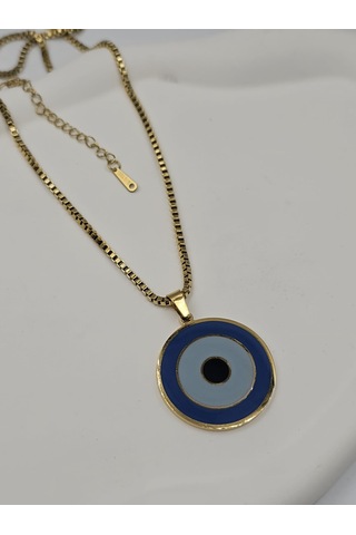 Mineli Nazar Boncuğu Çelik Göz Kolye Altın
