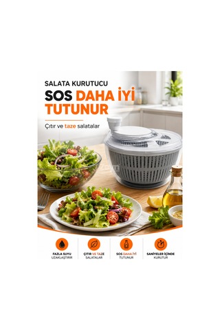 Pratik Salata Kurutucu Manuel Sebze Ve Yeşillik Kurutma Aparatı Büyük Boy Şeffaf Hazneli Çok Renkli