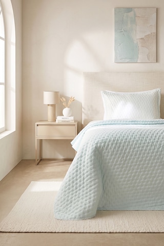 Ocean Home Textile Pamuklu Kapitoneli Açık Mavi Renk Çizgi Desen Tek Kişilik Yatak Örtüsü Seti 1 Adet 180 X 230 / 1 Adet 50 X 70 Cm