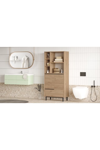 Lidya Banyo Dolabı Çok Amaçlı Dolap 3 Kapaklı Metal Ayaklı Sepet Kahverengi