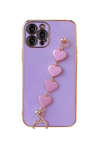 Ally Apple iPhone Uyumlu 11 Pro Max 6.5inç Kılıf Kalp Bileklik Tutuculu Lüx Silikon Askılı Kılıf- 5775 Mor