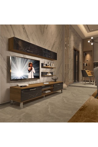 Decoraktiv Eko 5 Mdf Dvd Krom Ayaklı Tv Ünitesi Tv Sehpası Pera - Siyah Mermer
