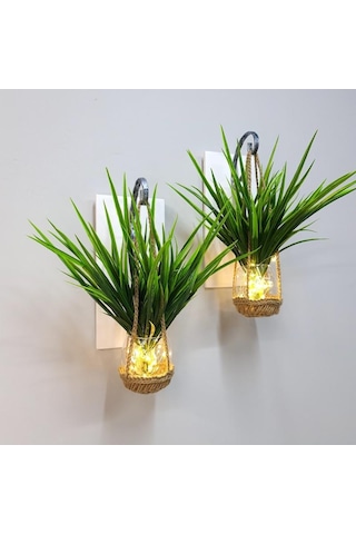 Duvar Dekoru, Led Işıklı, Yeşil Çimen Bitki, Beyaz Aplik İkili Set