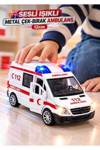 Oyuncak Metal Işıklı Sesli Çek Bırak Özellikli Ön Ve Arka Kapılar Açılır Ambulans-polis-itfaiye-askeri Jandarma Minibüsü 12 Cm Beyaz