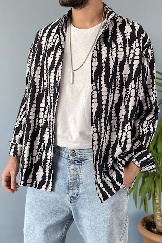 Siyah Desenli Uzun Kollu Oversize Gömlek 001