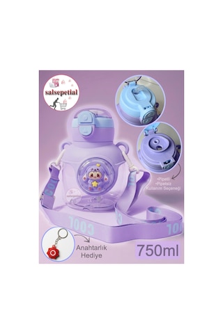 Ayıcık Su Matarası Ayıcıklı Suluk Figürlü Su Şişesi Ayıcık Matara Askılı Pipetli Matara 750ml Mor