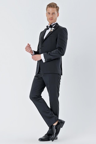 İmza Siyah Desenli Armürlü Çıkarılabilir Kırlangıç Yaka 6 Drop Slim Fit Smokin Damatlık Takım 1001230213-Siyah