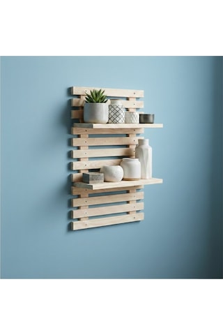 Woodify Yapışkanlı Doğal Ahşap Duvar Rafı - 50x30 Cm Matkapsız Montaj Dekoratif Mutfak Banyo Rafı Bej
