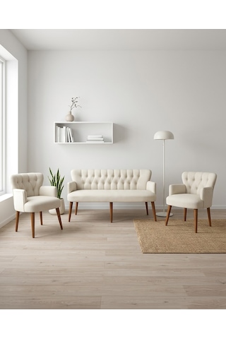 Roma 3+1+1 Keten Kumaş Balkon Ofis Çay Seti Bekleme Koltuk Takımı - Ahşap Ayak - Krem