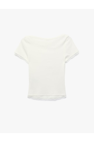 Koton Pamuklu Slim Fit Dantel Detaylı Kısa Kollu Kayık Yaka Tişört Ekru 6sak50505ek