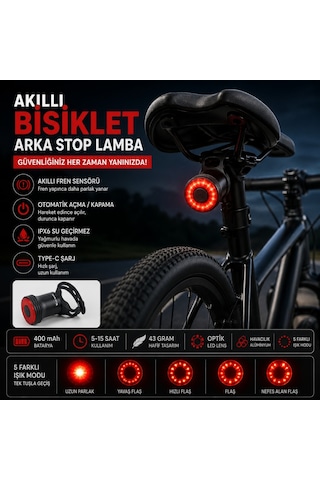 Triline Akıllı Bisiklet Kuyruk Lambası Fren Sensörlü Type-c Şarjlı Ipx6 Su Geçirmez Led Arka Stop Işığı Siyah