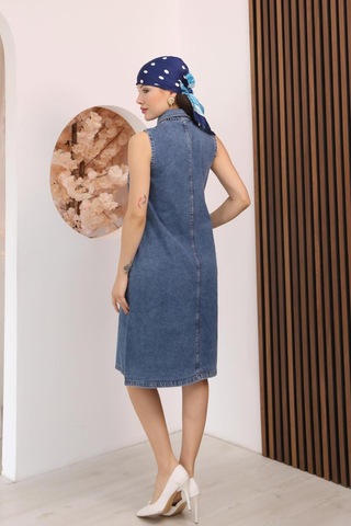 Kadın Açık Mavi Sıfır Kol Gömlek Yaka Denim Kot Elbise