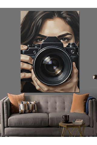 Kamera Tutan Kadın Fotoğrafçı Dekoratif Kanvas - Mdf Ahşap Tablo