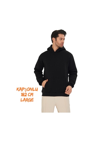 Pxm 3 Iplik Şardonlu Oversize Hoodie Kapüşonlu Ve Kanguru Cepli Siyah Siyah