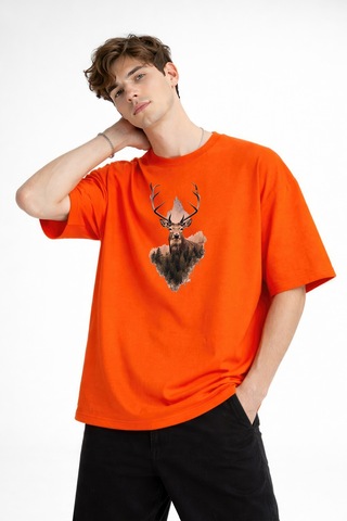 Misa Tahtakale Deer - Oversize Erkek Tişört Turuncu Çok Renkli