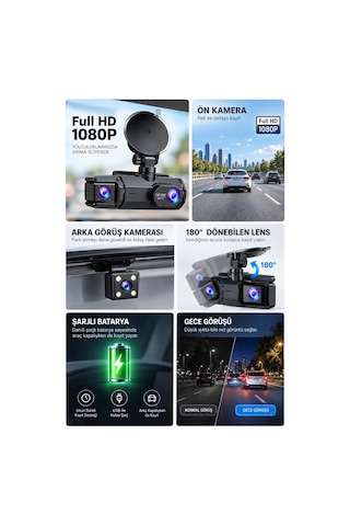 Ön Arka Kayıt 1080p Full Hd 180 Geniş Açı Şarjlı Kullanım Najmaddin