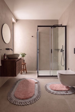 Banyo Paspası Takımı 60x100+40x60 Cm Dış Trikot Pembe & Gümüş
