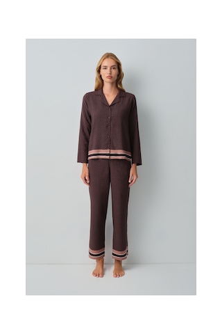 Suwen Monogram Gömlek Yaka Pijama Takımı Wsh1051014291 Kahverengi