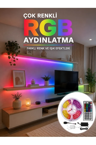 5 Metre Kumandalı Rgb Led Şerit 5050 Smd 54 Led/m Renk Değiştiren Ambiyans Aydınlatma Çok Renkli