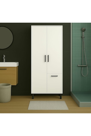 Çok Amaçlı & Tek Çamaşır Sepetli Banyo Dolabı Beyaz