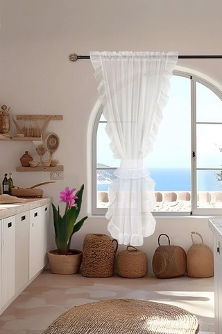 Fırfırlı Tül Perde Tek Kanat Romantik Volanlı Bağlamalı Taş