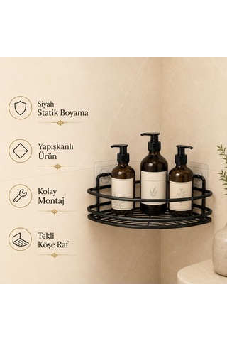 Lexroo Yapışkanlı Siyah Köşe Banyo Rafı, Tekli Köşe Şampuanlık