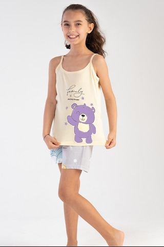 Kız Çocuk Şortlu Pijama Takımı Askılı Ayıcık Baskılı A13 Pembe